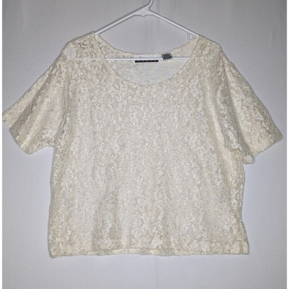 Diana Marco‎ Vtg 60s Sheer Lace Top 18/20 Cream Stretch Short Sleeve Scoop Neck